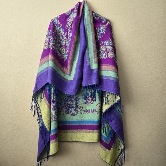 Large Vibrant Square Paisley Floral Cashmere Wool Soft Shawl Scarf Poncho Tassel - Picture 1 of 14